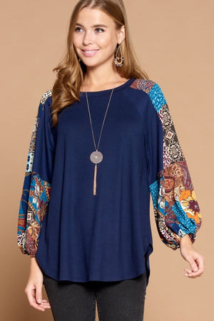 Navy Patchwork Sleeve Top