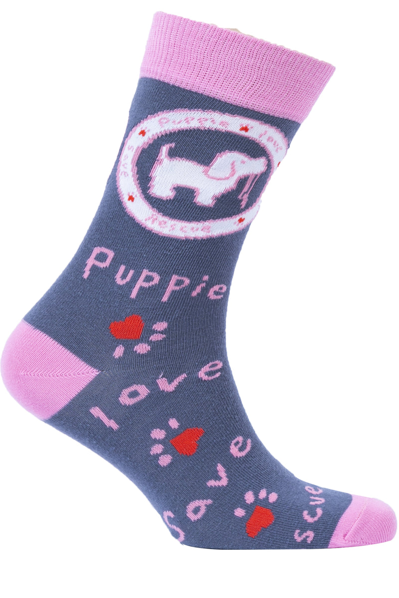 PUPPIE LOVE - ADULT CREW SOCK, PINK LOGO PUP (Pre-Order 2 Weeks)