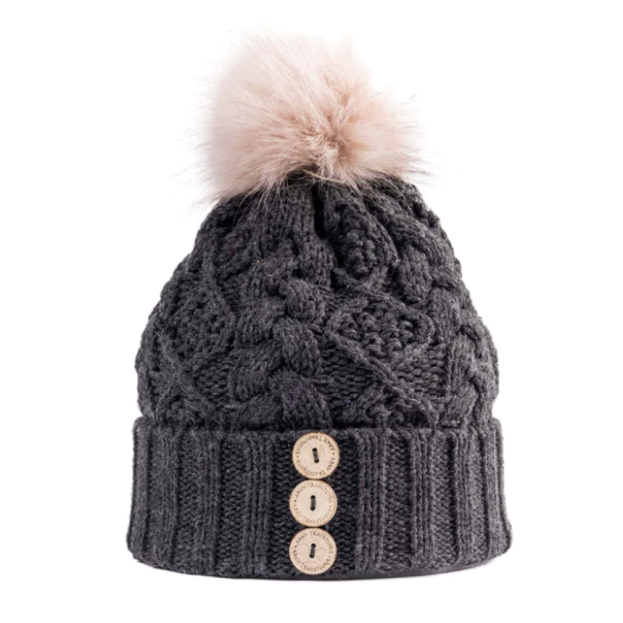 Charcoal Aran Diamond Cable Button Hat