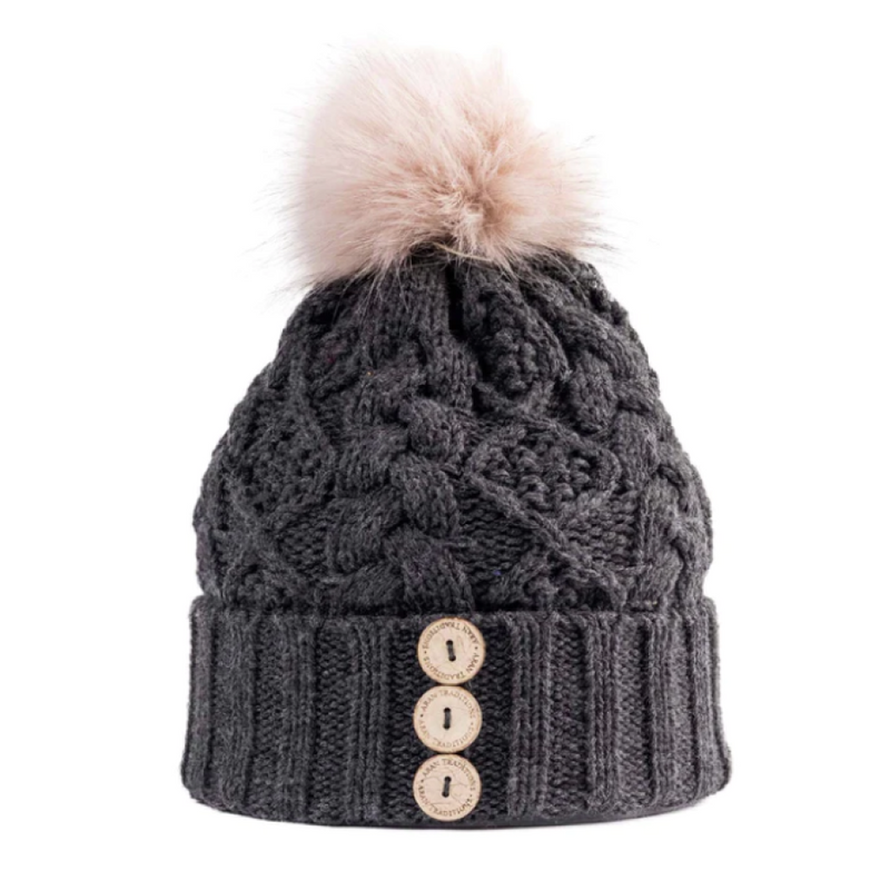 Charcoal Aran Diamond Cable Button Hat