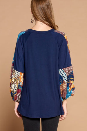 Navy Patchwork Sleeve Top