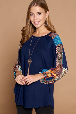 Navy Patchwork Sleeve Top