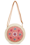 Coral Beaded Circle Straw Crossbody Bag
