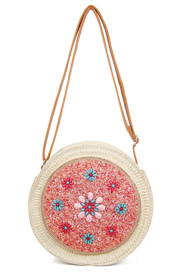 Coral Beaded Circle Straw Crossbody Bag