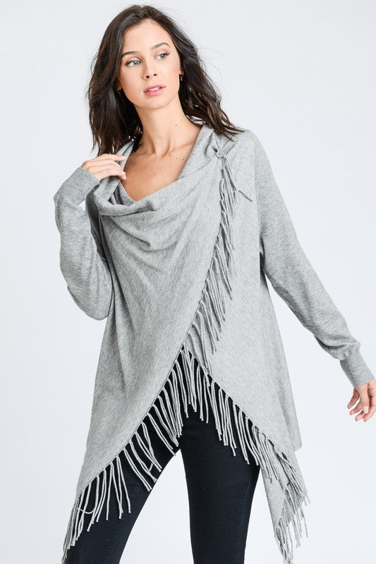 Criss Cross Fringe Cardigan - Color Heather Grey