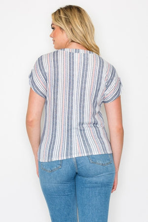 Striped Blue & Coral Lace Up Top