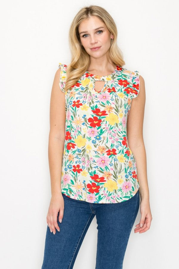 Spring Flowers Keyhole Ruffle Top