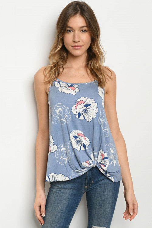 Blue Floral Side Knot Top