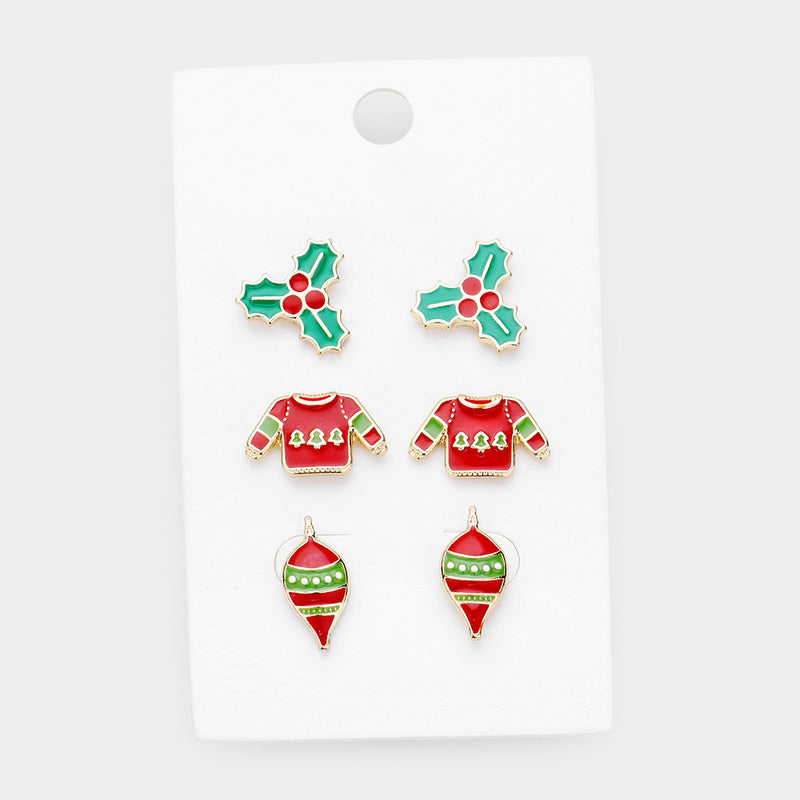 Christmas Enamel Stud Earrings -Set Of 3