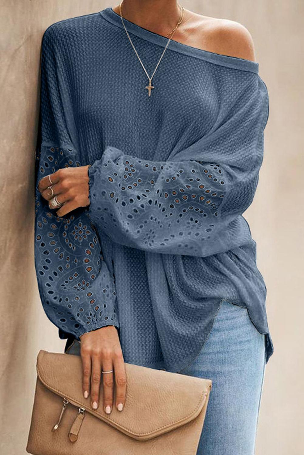 Blue Waffle Eyelet Bishop Sleeve Top