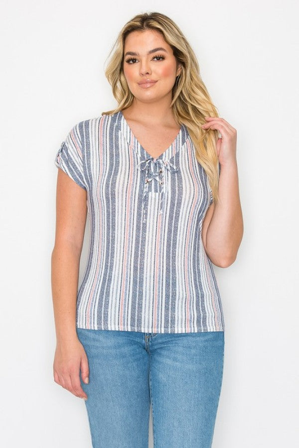 Striped Blue & Coral Lace Up Top