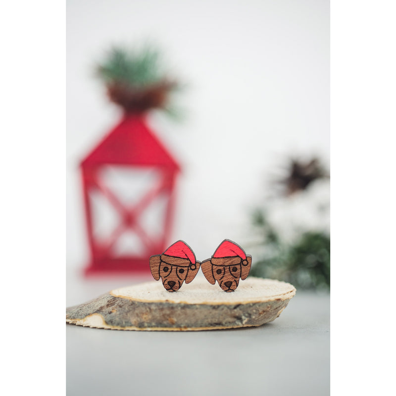 Santa Hat Dog Wood Stud Earrings